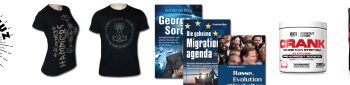 Neben verschiedensten politischen CDs, Büchern und Kleidungsstücken findet man auch Sportlernahrung im Sonnenkreuzversand