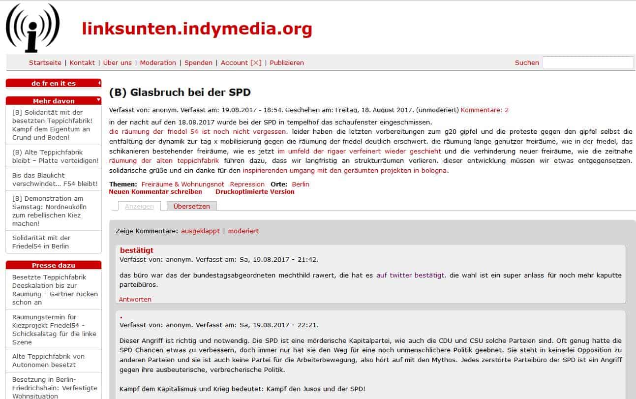 Screenshot Bekennerschreiben auf linksunten.indymedia.org