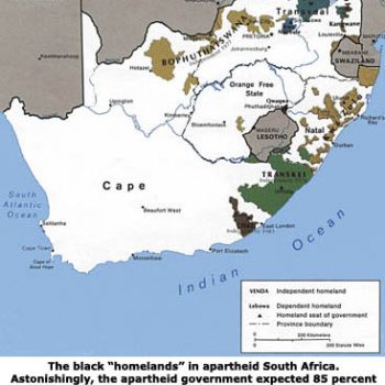 Das schwarze "Heimatland" während der Apartheid in Südafrika. Erstaunlicherweise erwartete die Apartheidsregierung, dass 85 Prozent der Bevölkerung sich mit einer Verteilung zufriedengeben würden, die ihnen 13 Prozent des Landes zuteilte und dass, obwohl Schwarze fast jede Arbeit im ganzen Land erledigten.