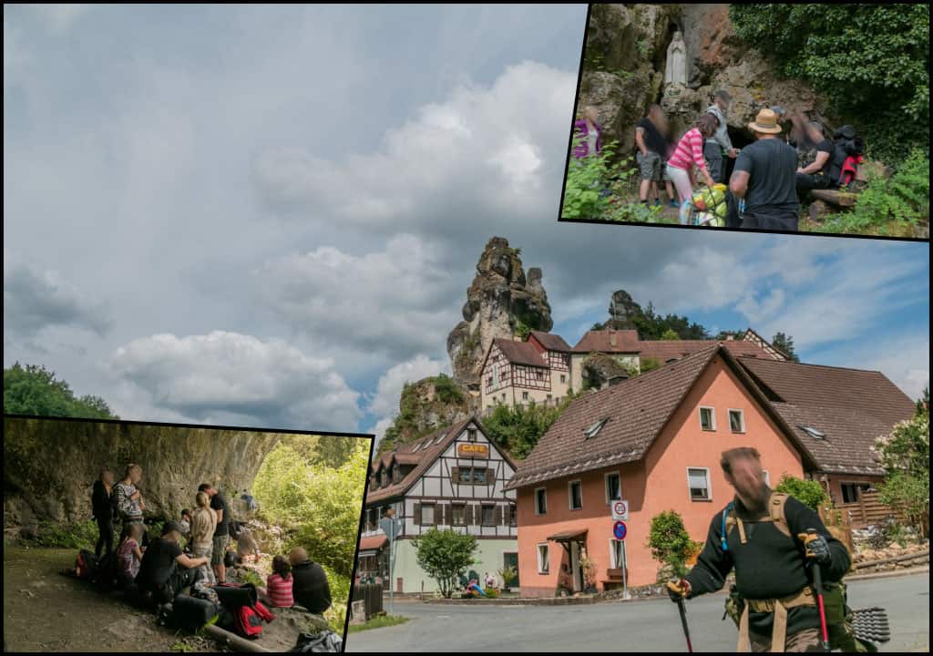Rechts oben Pause in der Mariengrotte, großes Bild Tüchersfeld, links unten Vesper im Kühloch