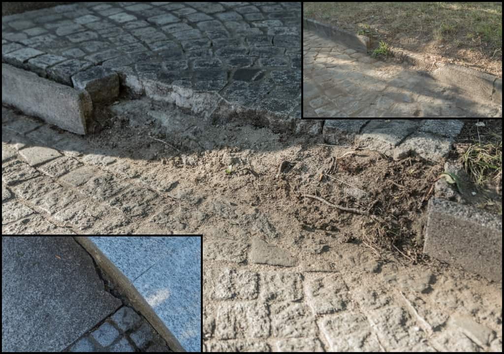 Beschädigungen an Kantsteinen und Risse im Fundament