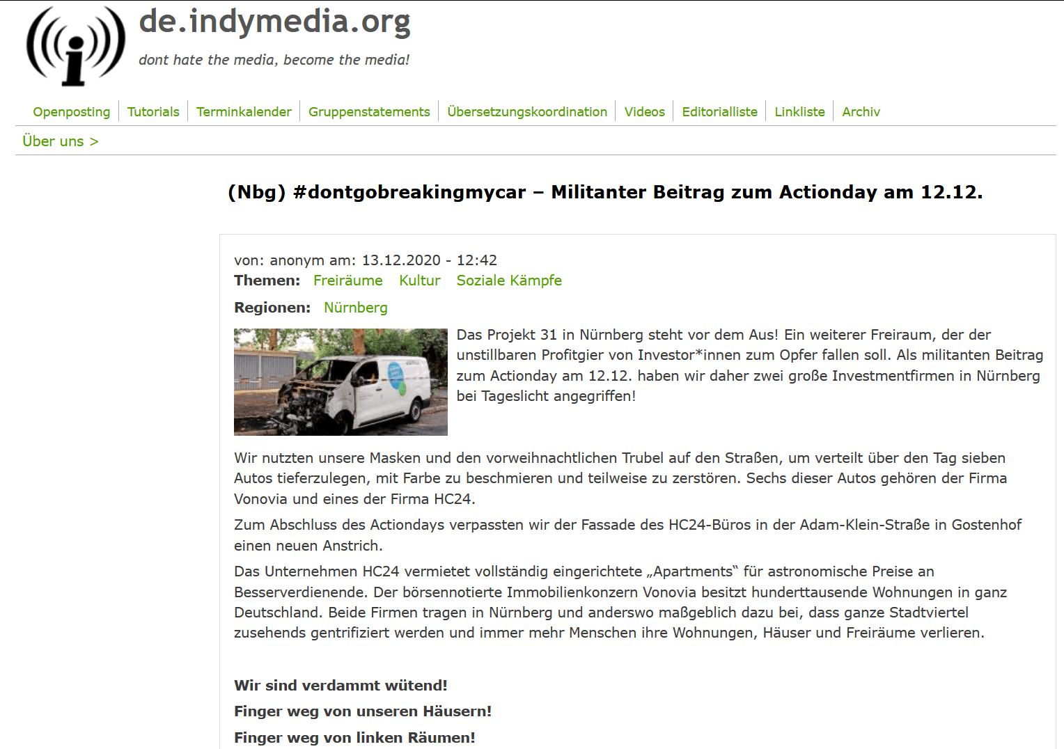 Screenshot des Bekennerschreibens auf der linksextremen Seite Indymedia