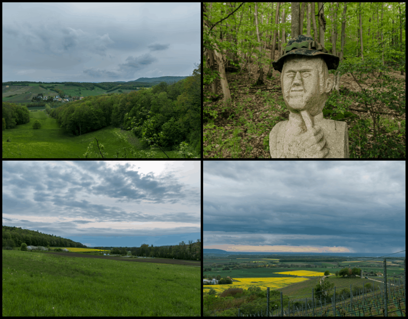 Oberhalb von Michelau auf dem Eulenberg mit Blickrichtung Norden, Statue der Winzerin im Handthal, Enspurt im Handthal vor dem letzten Anstieg, Blick vom Geiersknuck aus in Richtung Süden entlang der Route der nächsten Tage