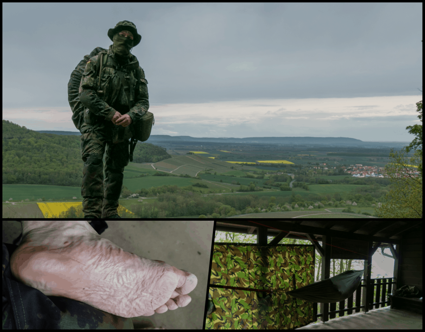 Selbstportrait über dem Handthal mit Blick auf Oberscharzach, strapazierte Füße und das Schlafgemach, die Hängematte wurde jedoch wieder abgehängt.
