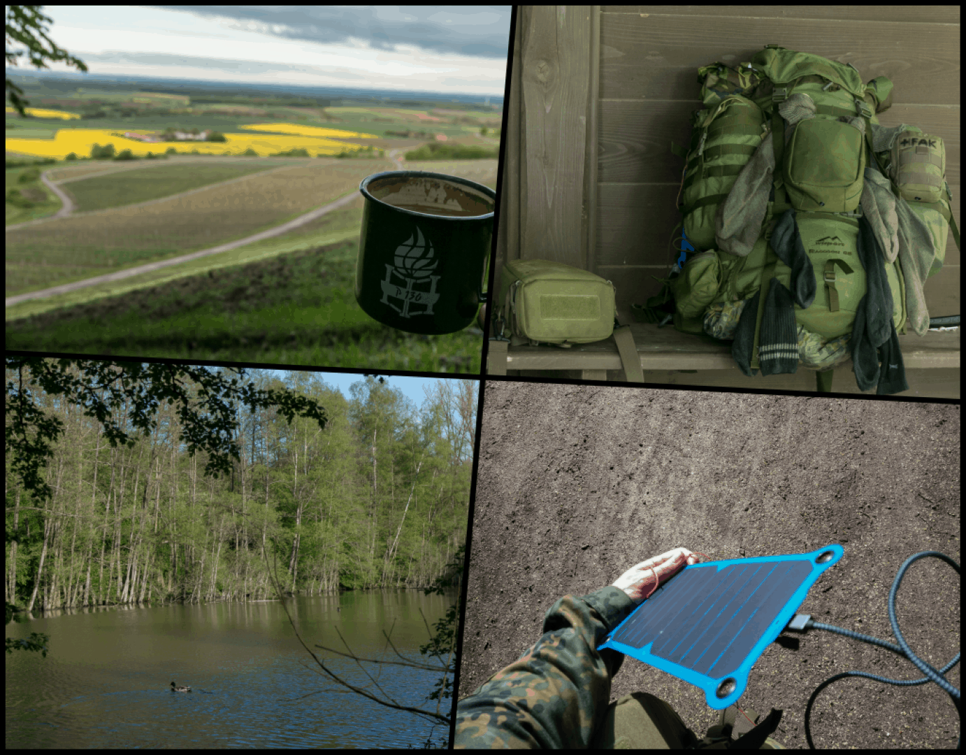 Frühstück mit Ausblick, Rucksack als Wäscheständer, Handthal mit Ebracher Weihern und Laden des Telefons über Sonnenenergie