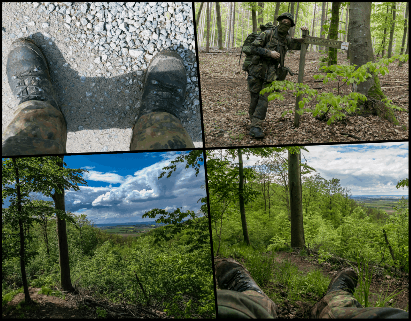 Im Wald oberhalb von Kleingressingen und in der unteren Reihe Ausblick bei kleiner Pause vor Castell