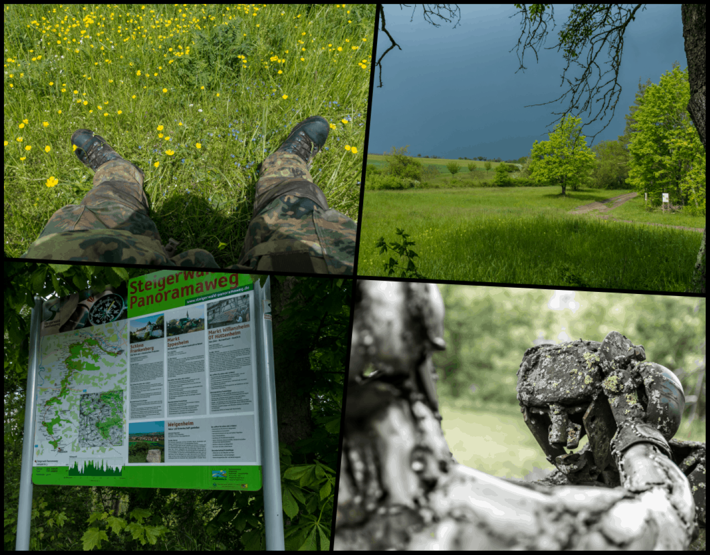 Pause vor Hüttenheim, Nah im Westen drohen dunkle Wolken, das Steigerwald-Panoramaschild bei Schloss Frankenberg bei dem im Januar 2021 die Idee für die Unternehmung reifte, rechter Haken bei Schloss Frankenberg