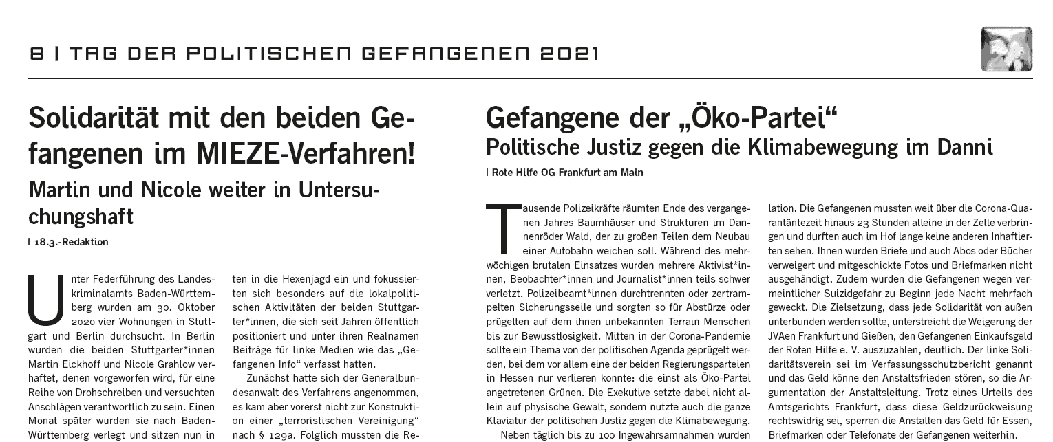 Eine von zahlreichen Solidaritätsbekundungen für die Täter. Hier aus der Sonderausgabe der Roten Hilfe zum "Tag der politischen Gefangenen am 18.03.2021"